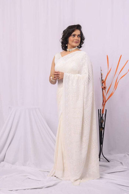 MeMaana Handcrafted White Pure Georgette Chikankari Saree-Blouse MeMaana