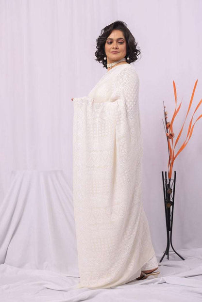 MeMaana Handcrafted White Pure Georgette Chikankari Saree-Blouse MeMaana