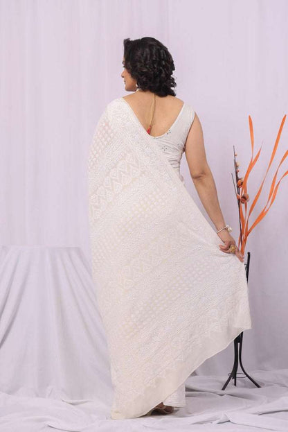 MeMaana Handcrafted White Pure Georgette Chikankari Saree-Blouse MeMaana