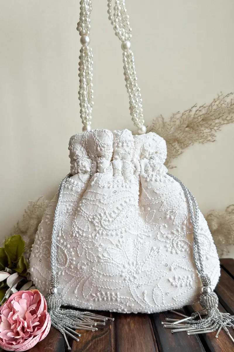 MeMaana Handcrafted White Chikankari Potli with Pearl & Sequin Work Fabnuma