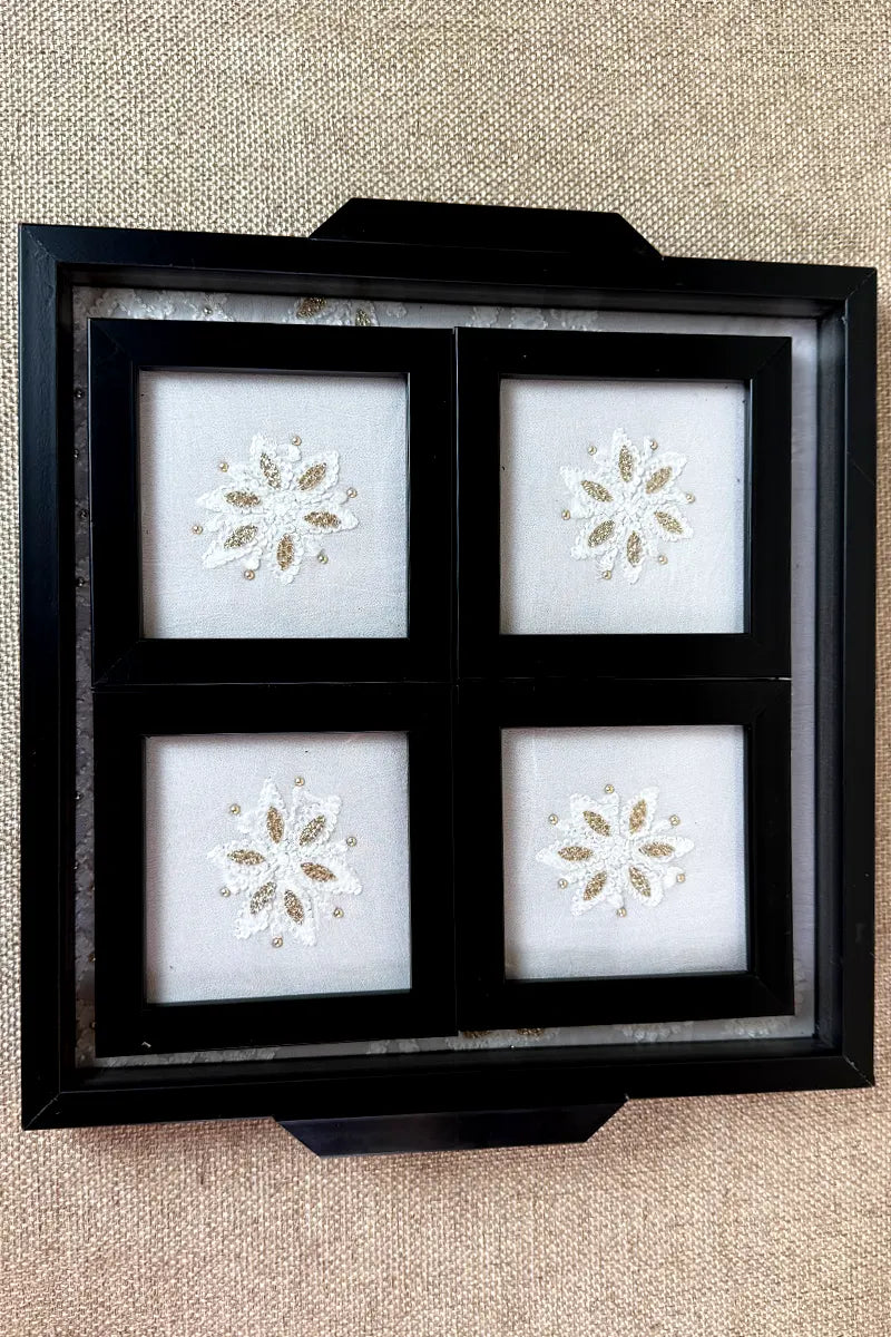 White Handcrafted Lucknowi Chikankari Tray & Tea Coaster Set With hand-embroidered Lucknowi Chikankari