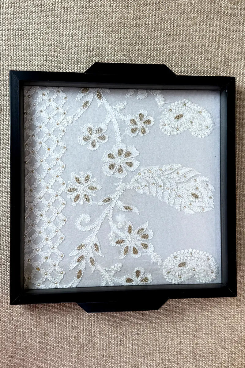 White Handcrafted Lucknowi Chikankari Tray & Tea Coaster Set With hand-embroidered Lucknowi Chikankari