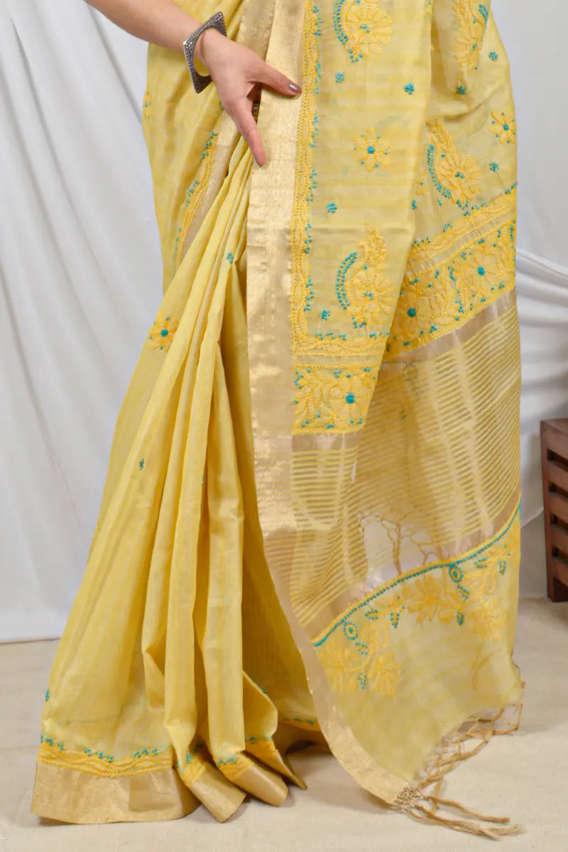 Fabnuma Handcrafted Yellow Chanderi Lucknowi Chikankari Designer Saree With Blouse Lucknowi Chikankari