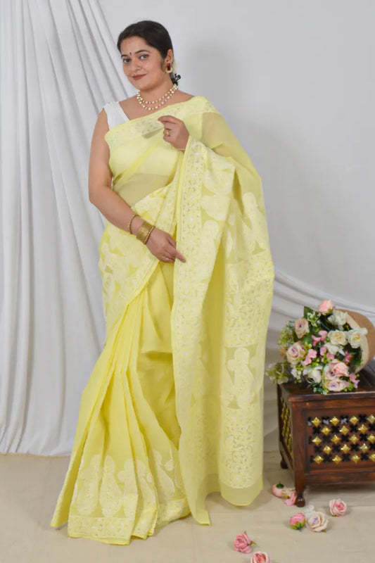 Fabnuma Handcrafted Yellow Cotton Saree with Blouse Lucknowi Chikankari