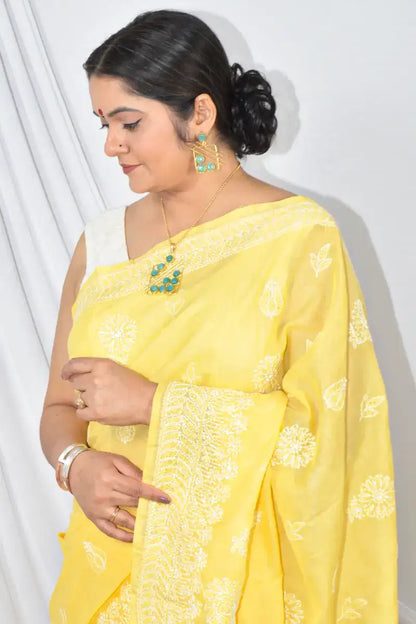 Yellow Color Cotton Lucknowi Chikankari Designer Saree Embroidery and Blouse – Perfect for Weddings & Festive Wear.