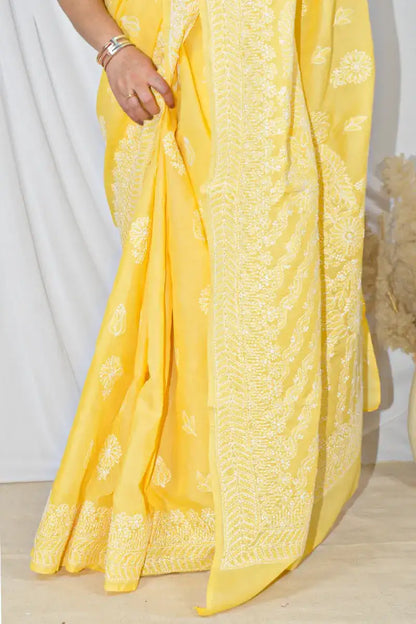 Yellow Color Cotton Lucknowi Chikankari Designer Saree Embroidery and Blouse – Perfect for Weddings & Festive Wear.