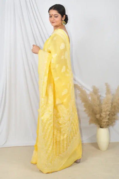 Yellow Color Cotton Lucknowi Chikankari Designer Saree Embroidery and Blouse – Perfect for Weddings & Festive Wear.