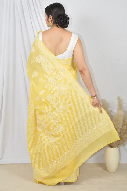 Yellow Color Cotton Lucknowi Chikankari Designer Saree Embroidery and Blouse – Perfect for Weddings & Festive Wear.