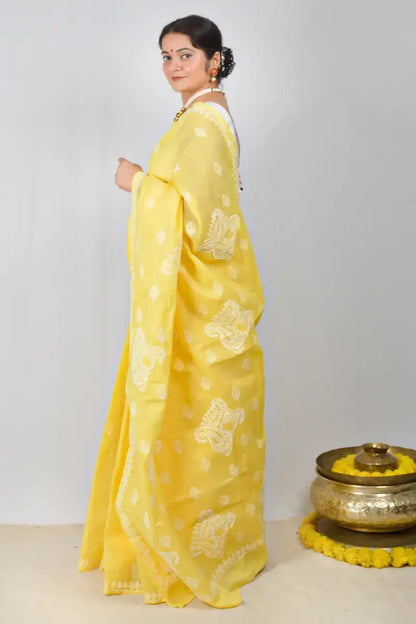 Yellow cotton saree with hand-embroidered Lucknowi Chikankari and matching blouse – MeMaana handcrafted ethnic wear.