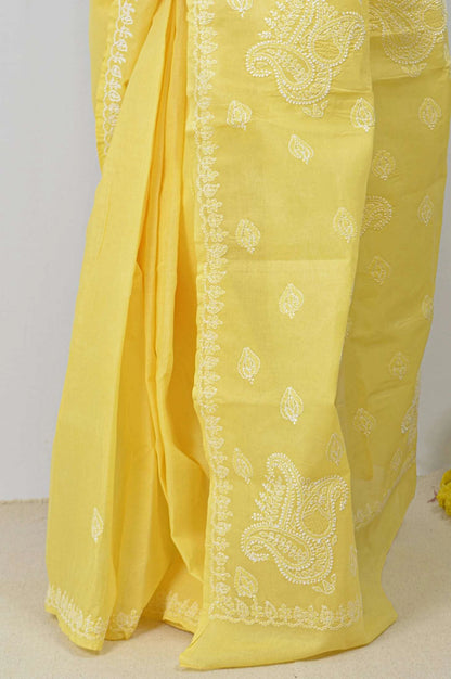 Yellow cotton saree with hand-embroidered Lucknowi Chikankari and matching blouse – MeMaana handcrafted ethnic wear.