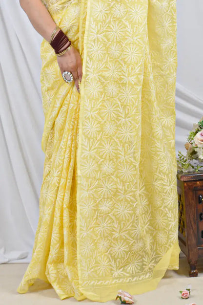Handcrafted Yellow Allover Kota Cotton saree with intricate Lucknowi Chikankari embroidery and a matching blouse, ideal for festive and wedding .