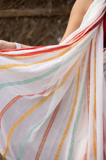Charulata - White Striped Mulmul Cotton Saree MeMaana