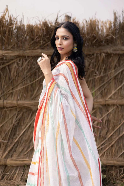 Charulata - White Striped Mulmul Cotton Saree MeMaana