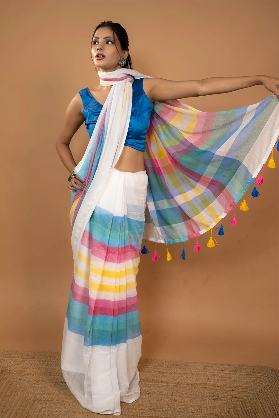 White multi colour striped pure mulmul cotton saree