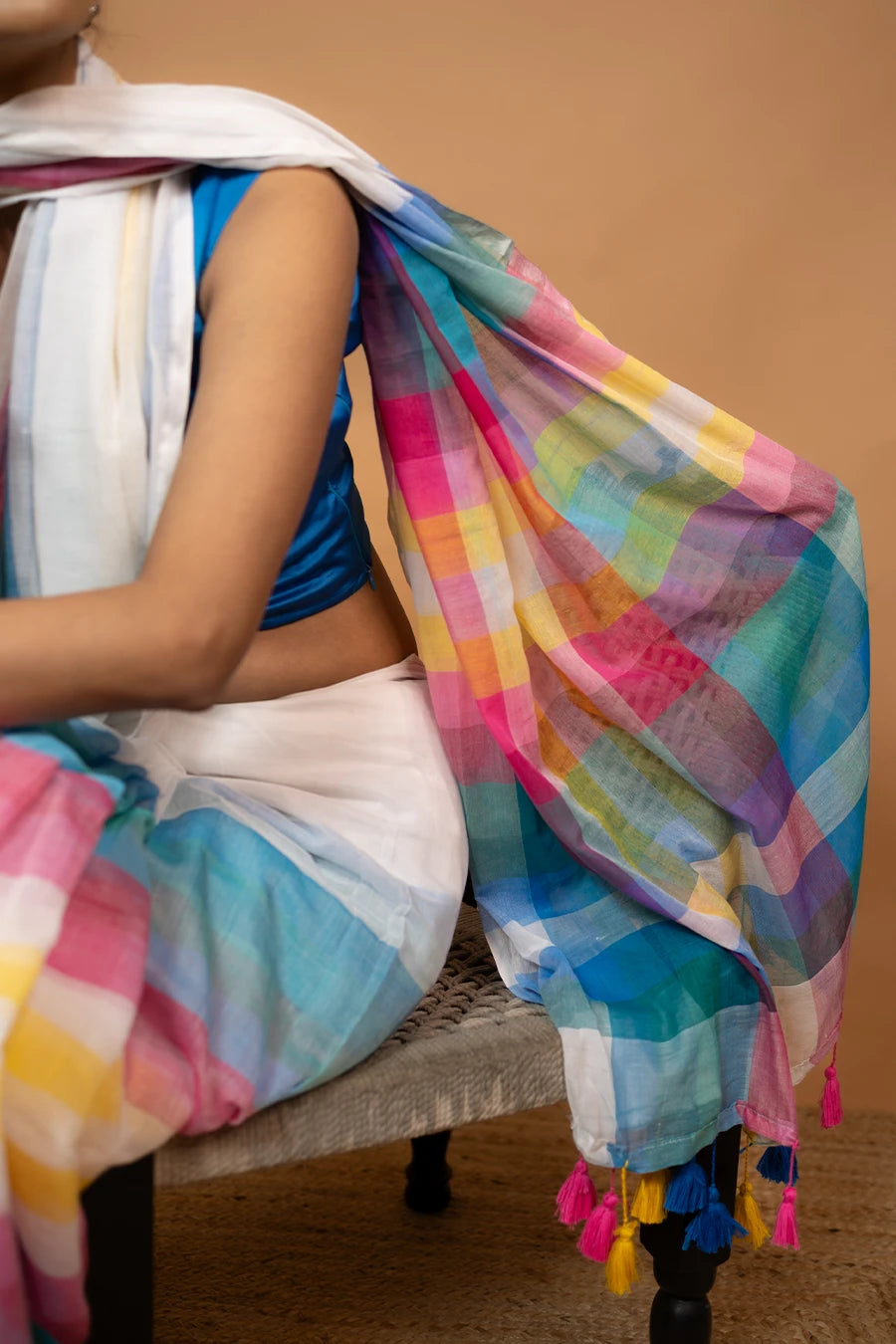 White multi colour striped pure mulmul cotton saree