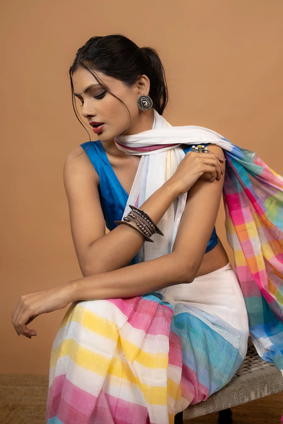 White multi colour striped pure mulmul cotton saree