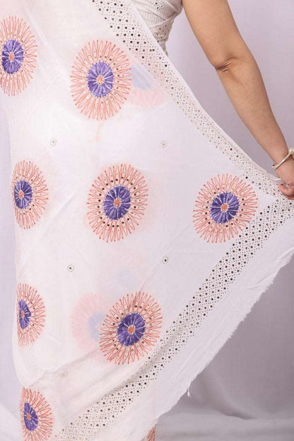 Fabnuma Handcrafted White Viscose With Mukaish Work Chikankari Saree-Blouse Fabnuma