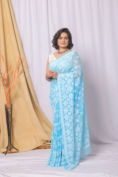 MeMaana Handcrafted Sky Blue Georgette Chikankari Saree-Blouse MeMaana