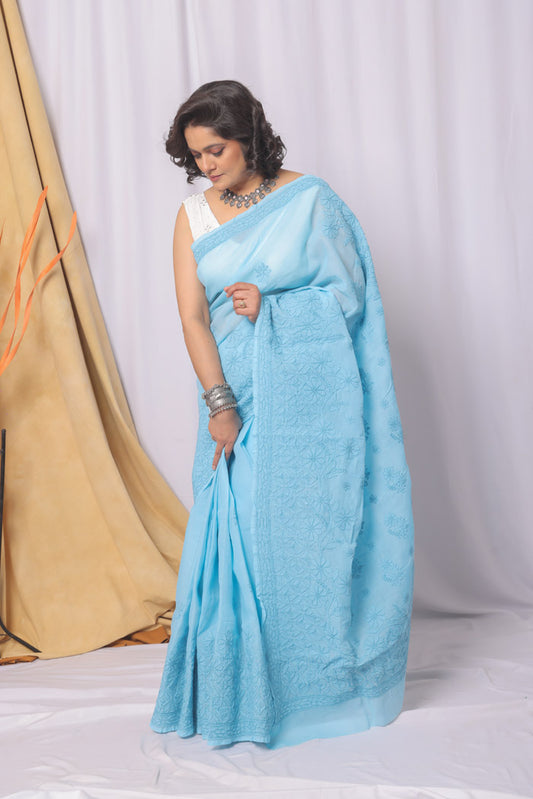 Fabnuma Handcrafted Mint Green Georgette Chikankari Saree-Blouse-Lucknowi Chikankari Saree
