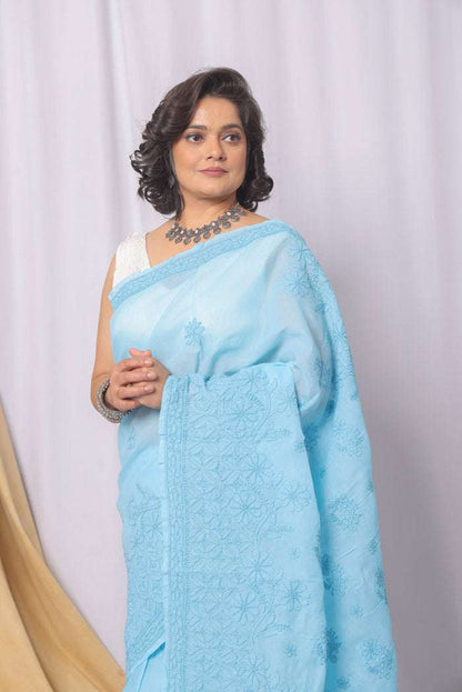 MeMaana Handcrafted Blue Cotton Chikankari Saree-Blouse MeMaana