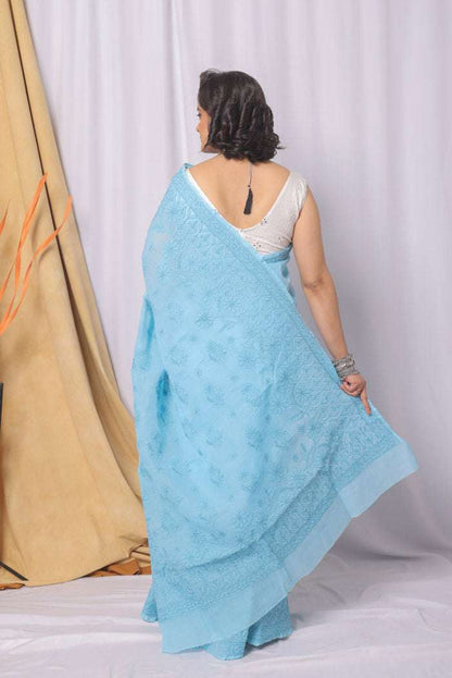 MeMaana Handcrafted Blue Cotton Chikankari Saree-Blouse MeMaana
