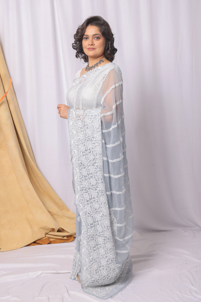 Fabnuma Handcrafted Gray Georgette Chikankari Saree-Blouse Fabnuma