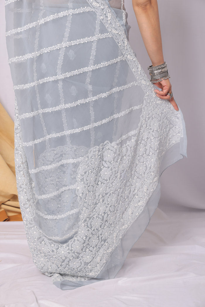 Fabnuma Handcrafted Gray Georgette Chikankari Saree-Blouse Fabnuma