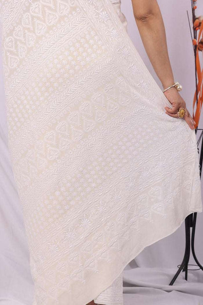 Fabnuma Handcrafted White Pure Georgette Chikankari Saree-Blouse Fabnuma