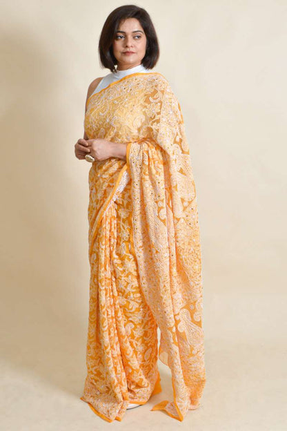 Fabnuma Handcrafted Orange Georgette Chikankari mukaish work Saree-Blouse - Fabnuma
