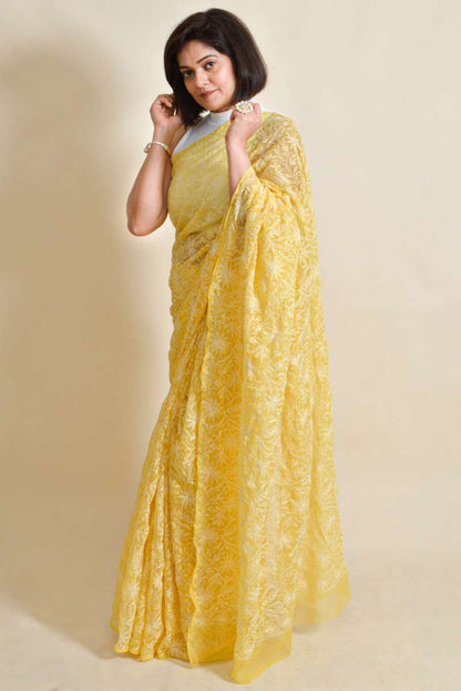 Fabnuma Handcrafted Yellow Georgette Chikankari Saree-Blouse - Fabnuma