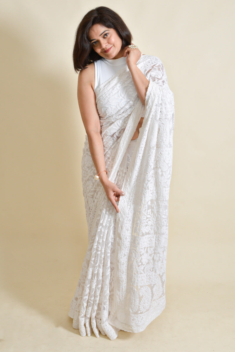 Fabnuma Handcrafted White Georgette Chikankari Saree-Blouse - Fabnuma