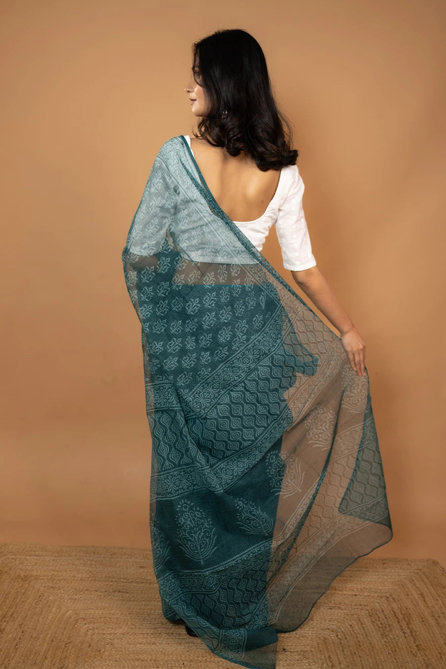 Green hand block printed pure kota cotton saree