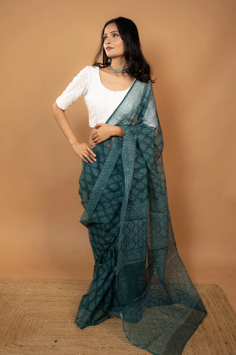 Green hand block printed pure kota cotton saree