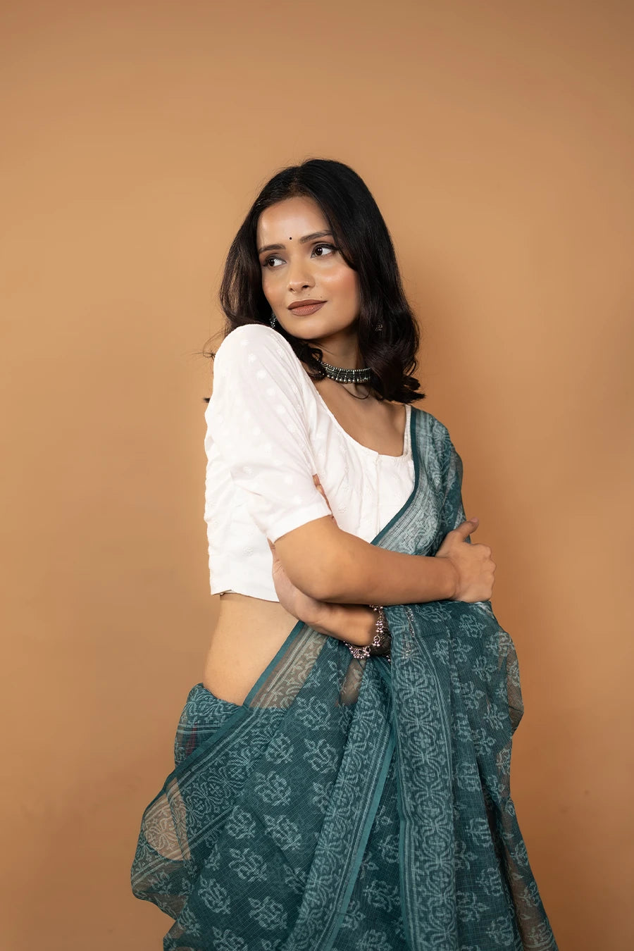 Green hand block printed pure kota cotton saree