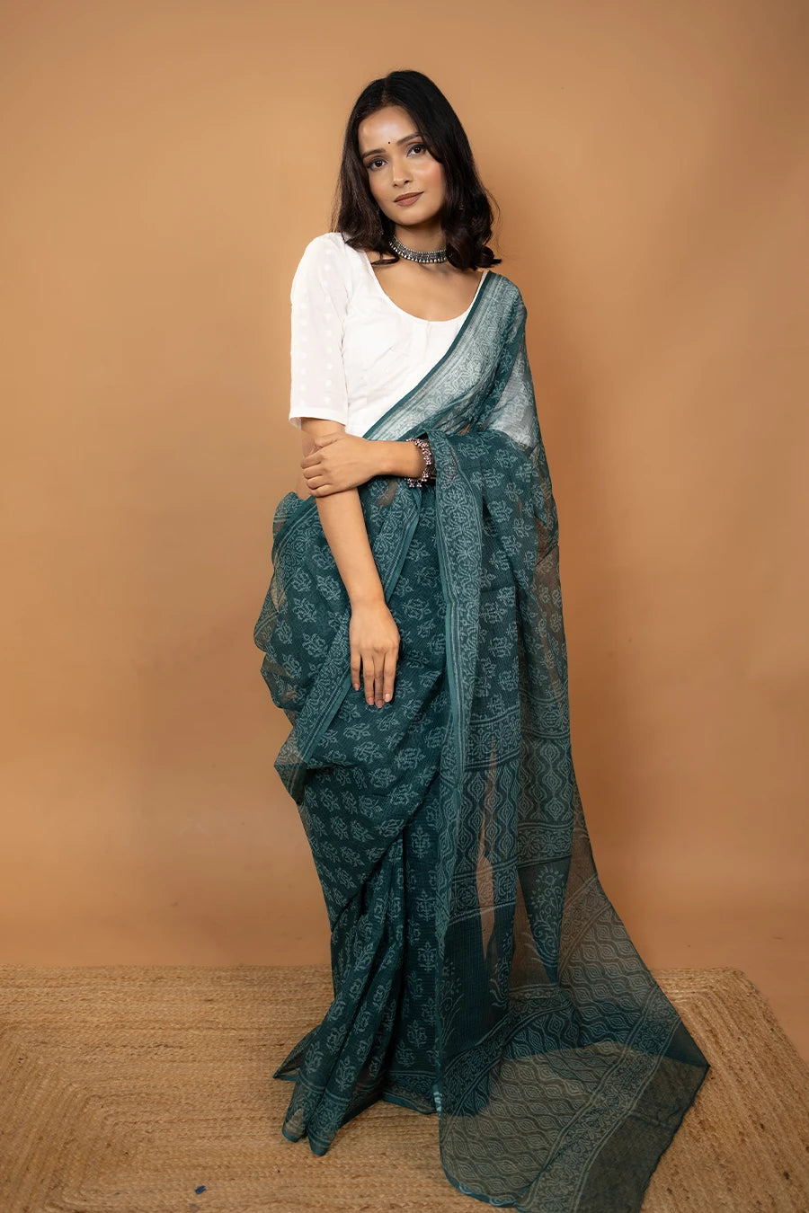 Green hand block printed pure kota cotton saree