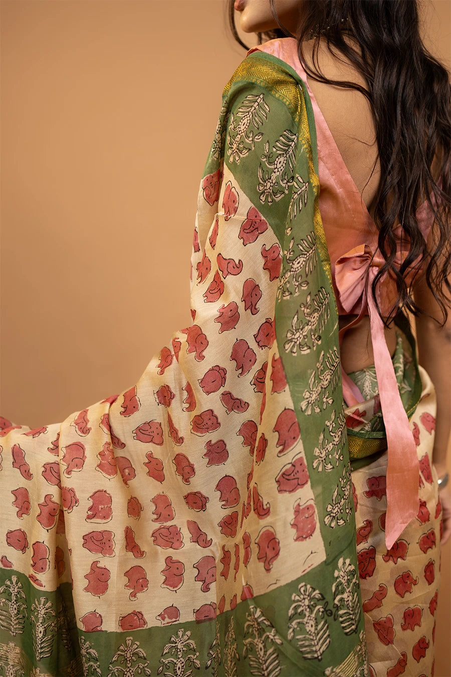 Cream block printed Maheshwari silk saree with elephant pattern