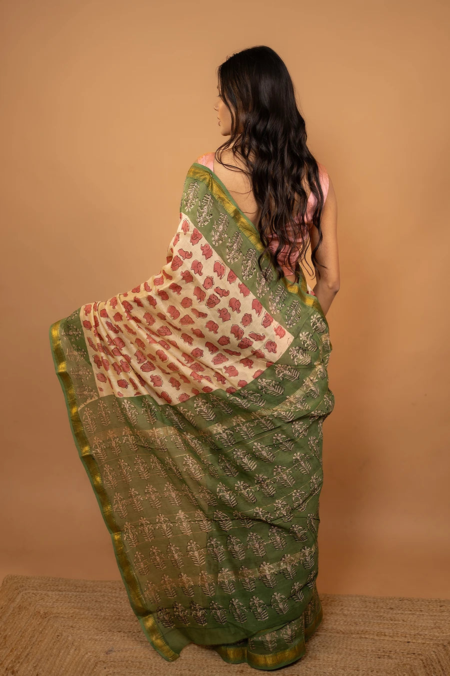 Cream block printed Maheshwari silk saree with elephant pattern