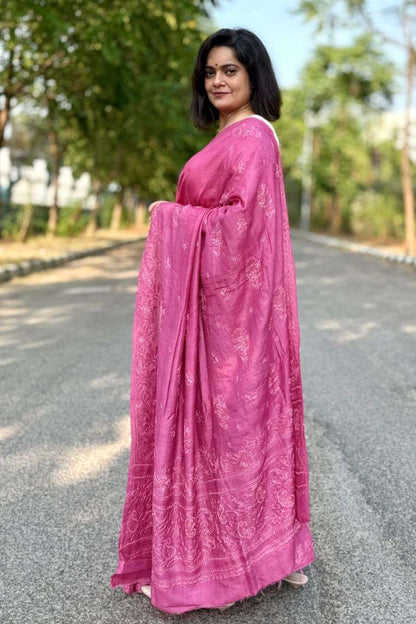 Memaana Dark Pink Handcrafted Tussar Silk Lucknowi Chikankari Saree - Full Drape Side View