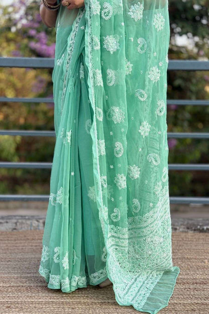 MeMaana green chikankari saree border detail with intricate floral embroidery