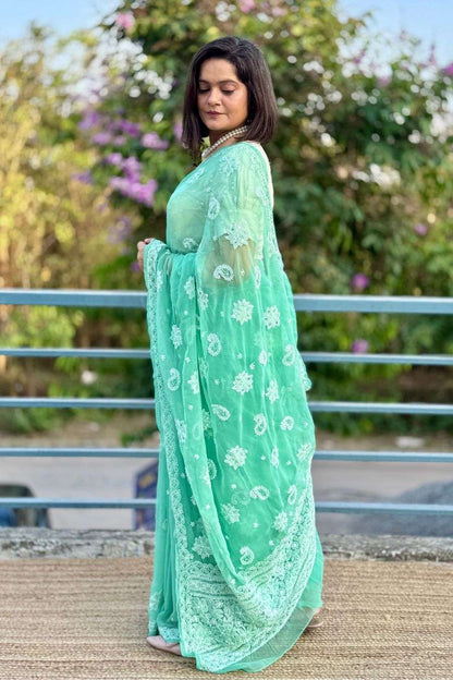 MeMaana green georgette chikankari saree styled look for festive and traditional wear
