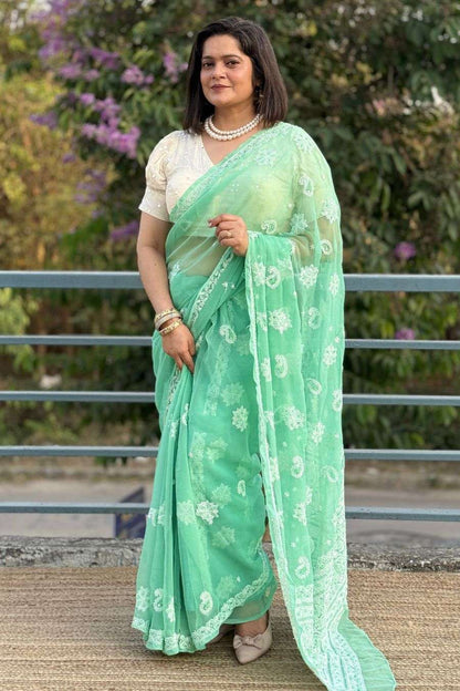 MeMaana Green Georgette Lucknowi Chikankari Saree full front view with floral embroidery