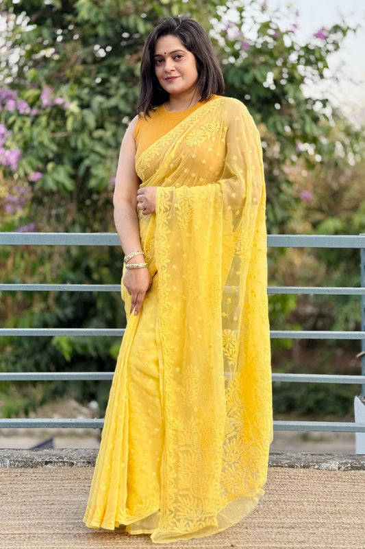 MeMaana Yellow Georgette Chikankari Saree Full View