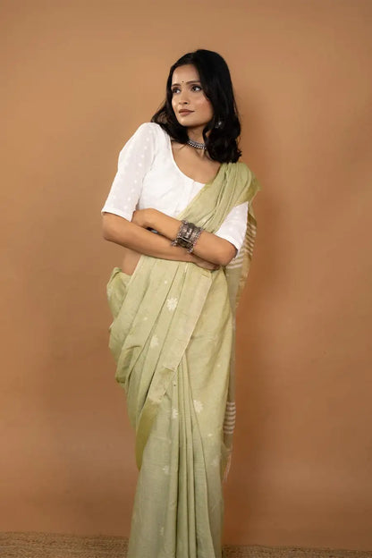 Mrinalini pista green Bengal handloom khadi cotton saree