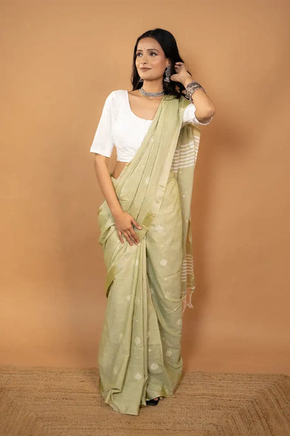 Mrinalini pista green Bengal handloom khadi cotton saree