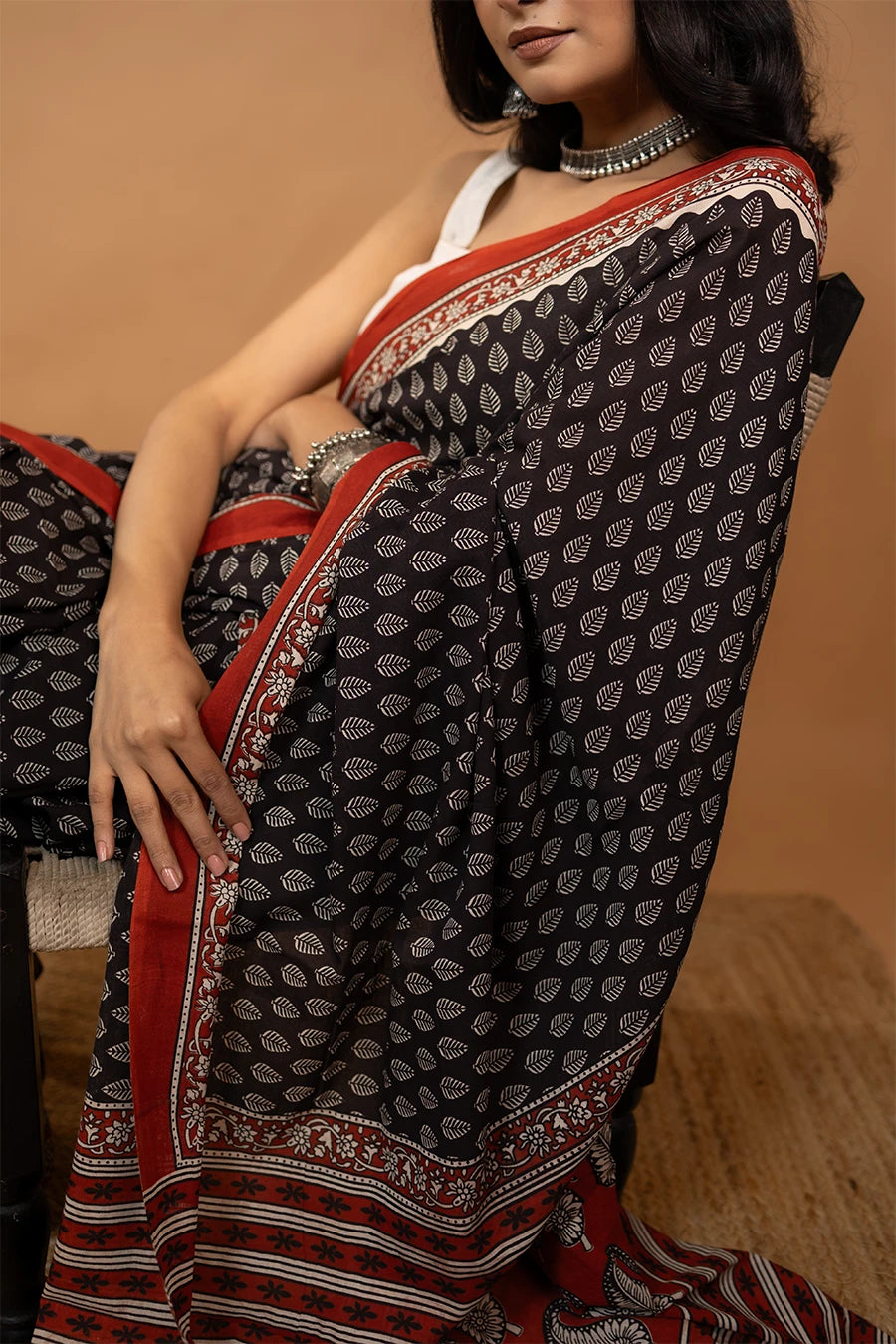 Black hand block printed mulmul cotton saree