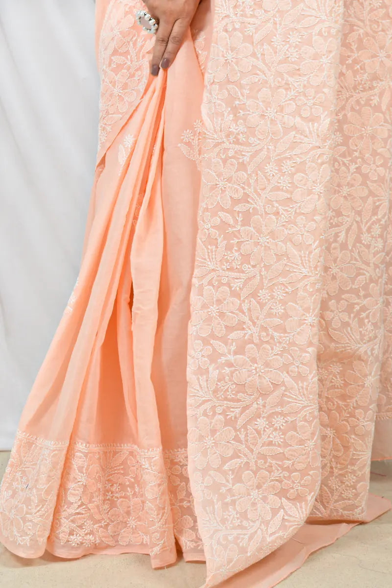 Handcrafted Orange Cotton Designer Saree with intricate Lucknowi Chikankari Embroidery ,With a matching Blouse ideal for Festive and wedding occasions