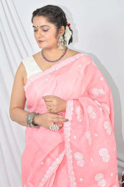 MeMaana Handcrafted Peach Cotton Border Palla Chikankari Saree with Blouse MeMaana