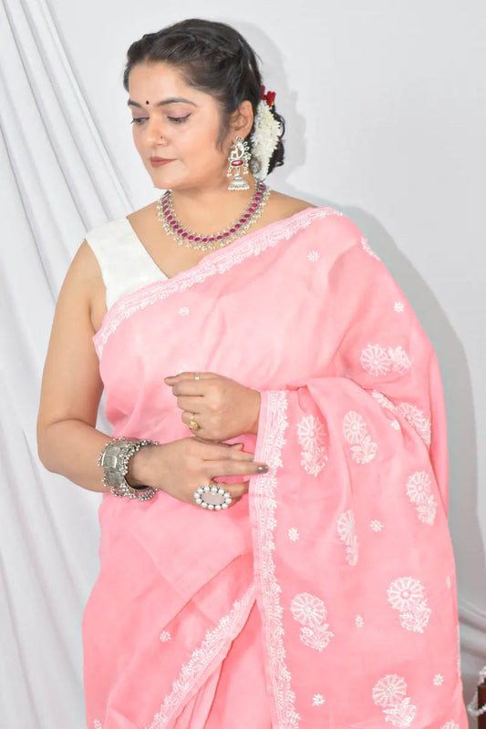 Fabnuma Handcrafted Peach Cotton Border Palla Chikankari Saree with Blouse Fabnuma