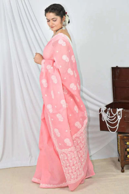 MeMaana Handcrafted Peach Cotton Border Palla Chikankari Saree with Blouse MeMaana