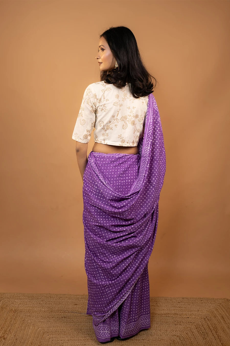 Purple hand block printed mulmul cotton saree